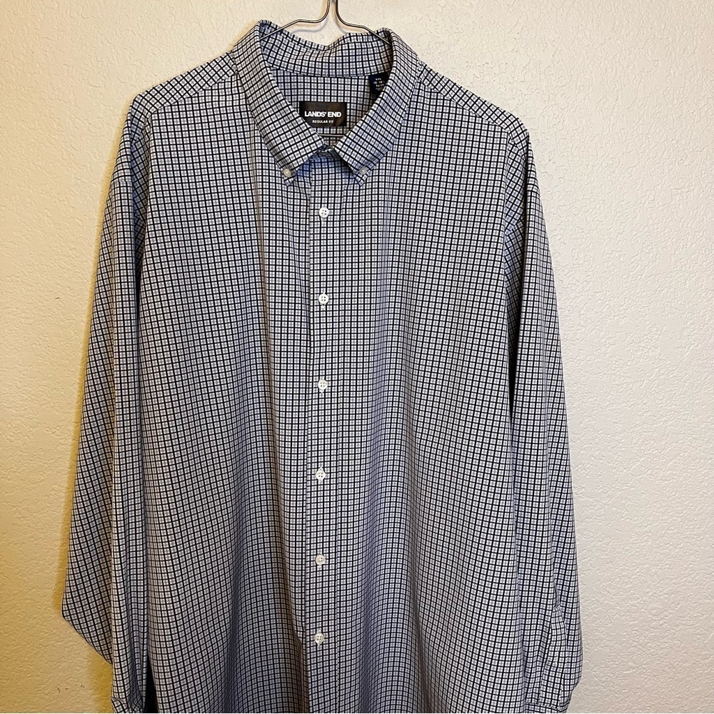 Lands' End Men's Blue Checkered Regular Fit Button Down Shirt Size XXL